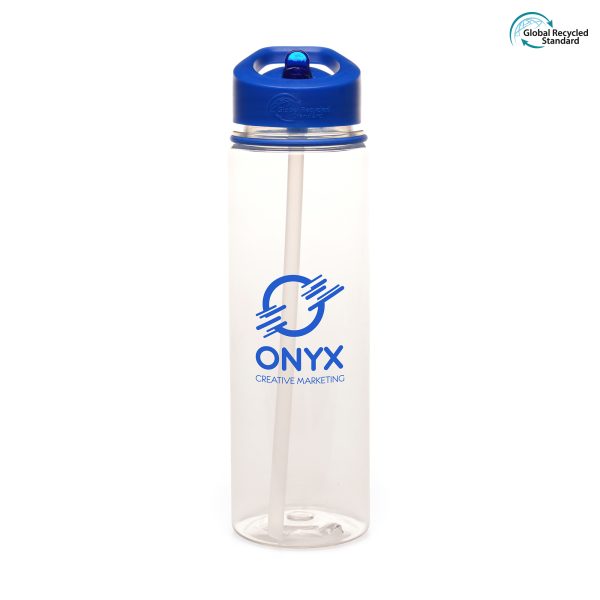 725ml GRS certified, single walled, transparent RPET plastic drinks bottle made with 98% recycled materials with coloured secure screw top lid, coloured band and fold down sip mouth piece (RPP plastic lid, RPS plastic sipper and RPE plastic straw).