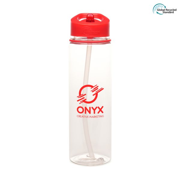 725ml GRS certified, single walled, transparent RPET plastic drinks bottle made with 98% recycled materials with coloured secure screw top lid, coloured band and fold down sip mouth piece (RPP plastic lid, RPS plastic sipper and RPE plastic straw).