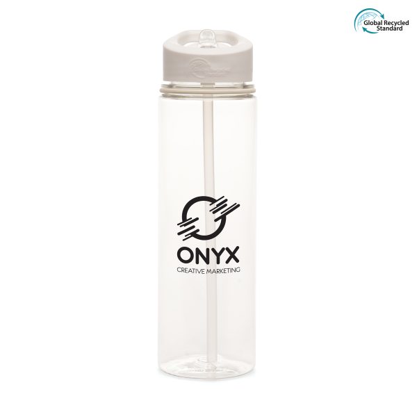 725ml GRS certified, single walled, transparent RPET plastic drinks bottle made with 98% recycled materials with coloured secure screw top lid, coloured band and fold down sip mouth piece (RPP plastic lid, RPS plastic sipper and RPE plastic straw).