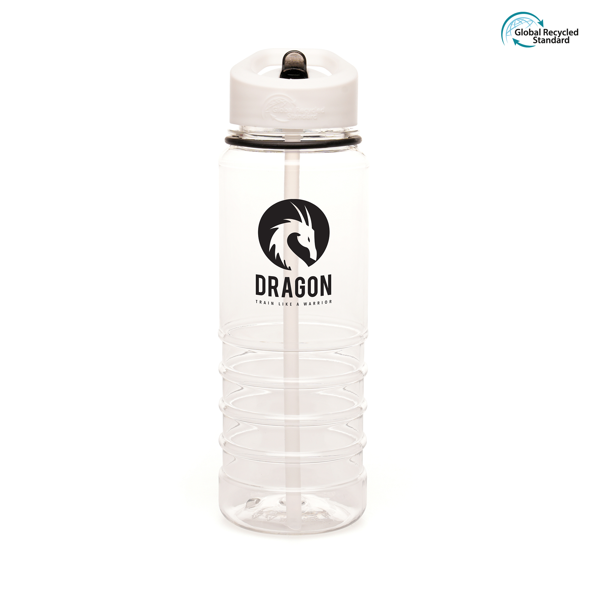 750ml GRS certified, single walled, transparent RPET plastic drinks bottle made with 98% recycled materials with white screw top lid, coloured band and coloured fold down sip mouth piece (RPP plastic lid, RPS plastic sipper and RPE plastic straw). The bottom half of the bottle is ridged for ease of grip. BPA and PVC free.