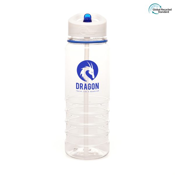 750ml GRS certified, single walled, transparent RPET plastic drinks bottle made with 98% recycled materials with white screw top lid, coloured band and coloured fold down sip mouth piece (RPP plastic lid, RPS plastic sipper and RPE plastic straw). The bottom half of the bottle is ridged for ease of grip. BPA and PVC free.