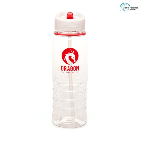 750ml GRS certified, single walled, transparent RPET plastic drinks bottle made with 98% recycled materials with white screw top lid, coloured band and coloured fold down sip mouth piece (RPP plastic lid, RPS plastic sipper and RPE plastic straw). The bottom half of the bottle is ridged for ease of grip. BPA and PVC free.