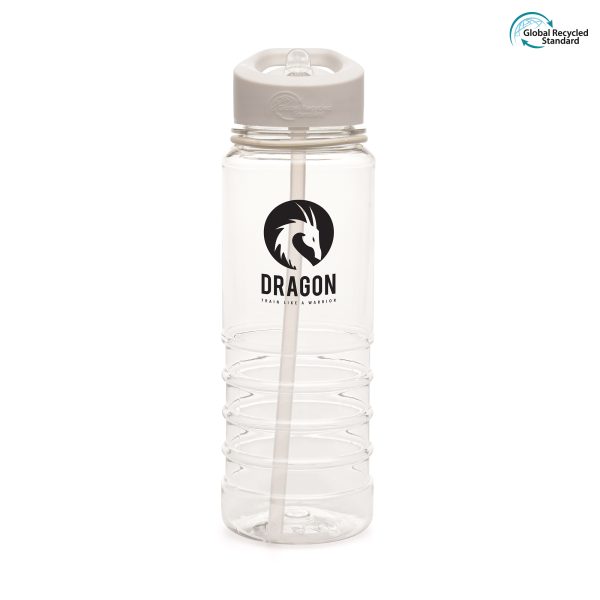 750ml GRS certified, single walled, transparent RPET plastic drinks bottle made with 98% recycled materials with white screw top lid, coloured band and coloured fold down sip mouth piece (RPP plastic lid, RPS plastic sipper and RPE plastic straw). The bottom half of the bottle is ridged for ease of grip. BPA and PVC free.