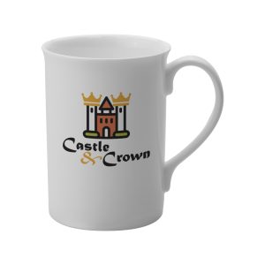The Windsor is a classic white bone china mug with straight sides and a flared rim. The mug is tall and slim, with a sweeping handle, and has a large print area.