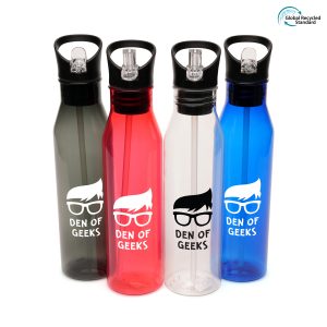 800ml single walled, transparent, RPET plastic drinks bottle with RPP screw top lid with build in handle, fold down sipper and clear straw. BPA and PVC free.