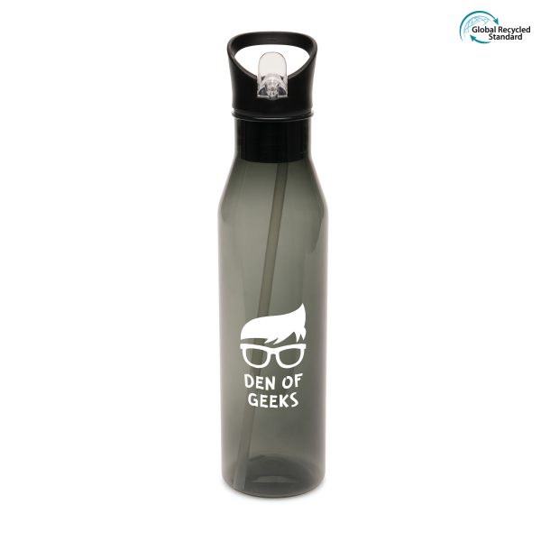 800ml single walled, transparent, RPET plastic drinks bottle with RPP screw top lid with build in handle, fold down sipper and clear straw. BPA and PVC free.