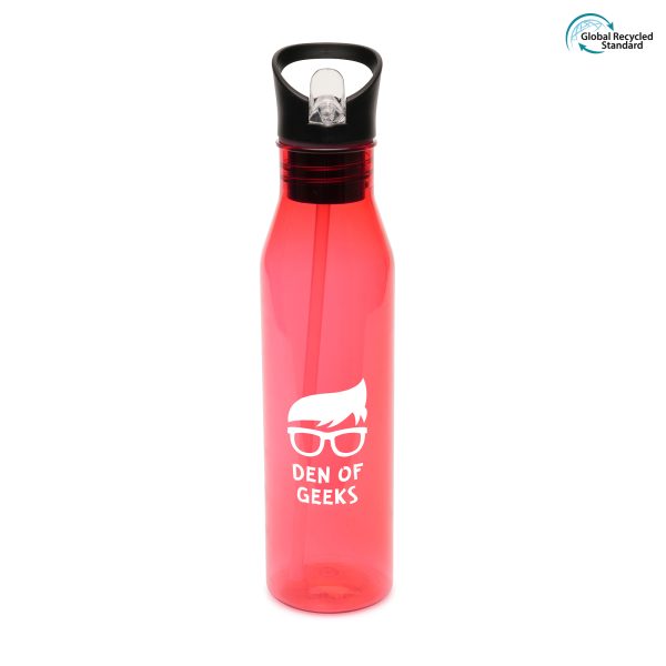 800ml single walled, transparent, RPET plastic drinks bottle with RPP screw top lid with build in handle, fold down sipper and clear straw. BPA and PVC free.