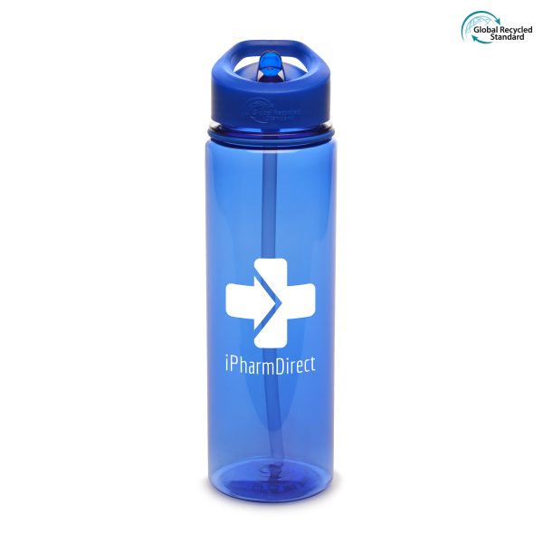 725ml GRS certified single walled, coloured, RPET drinks bottle with PS fold down sipper, RPE straw, coloured band and PP coloured plastic screw on lid with built-in handle. BPA and PVC free.