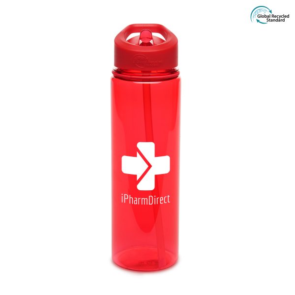 725ml GRS certified single walled, coloured, RPET drinks bottle with PS fold down sipper, RPE straw, coloured band and PP coloured plastic screw on lid with built-in handle. BPA and PVC free.