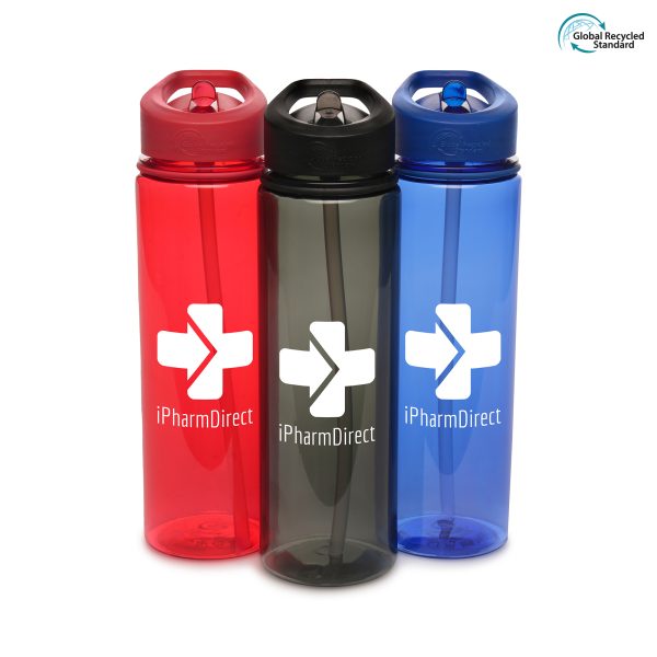 725ml GRS certified single walled, coloured, RPET drinks bottle with PS fold down sipper, RPE straw, coloured band and PP coloured plastic screw on lid with built-in handle. BPA and PVC free.