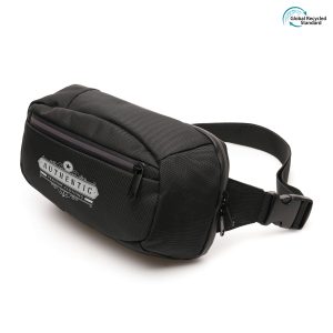 RPET cross chest bag with coloured reflective zippers, pocket to front and main compartments. Adjustable cross chest strap with buckle and padded webbed backing for easy carrying.