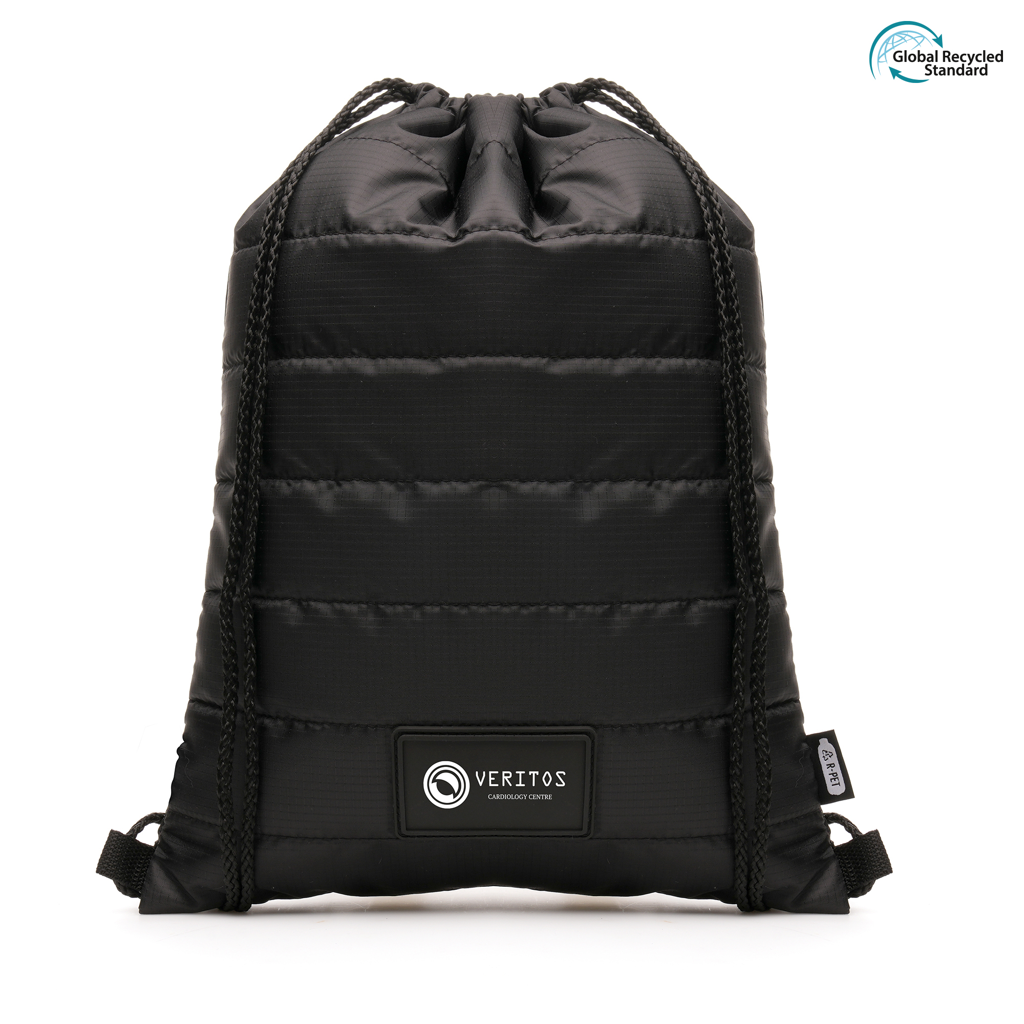 RPET polyester puffer drawstring bag with polyester rope shoulder straps and a faux leather patch stitched to the front for your company logo.