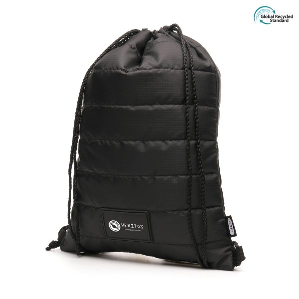 RPET polyester puffer drawstring bag with polyester rope shoulder straps and a faux leather patch stitched to the front for your company logo.