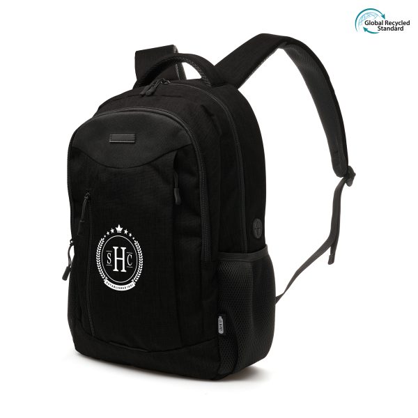 Crafted with RPET, featuring small zip compartment to front, two main compartments with padded laptop pocket and two side pockets. Padded adjustable shoulder straps and luggage strap for on the go convenience.