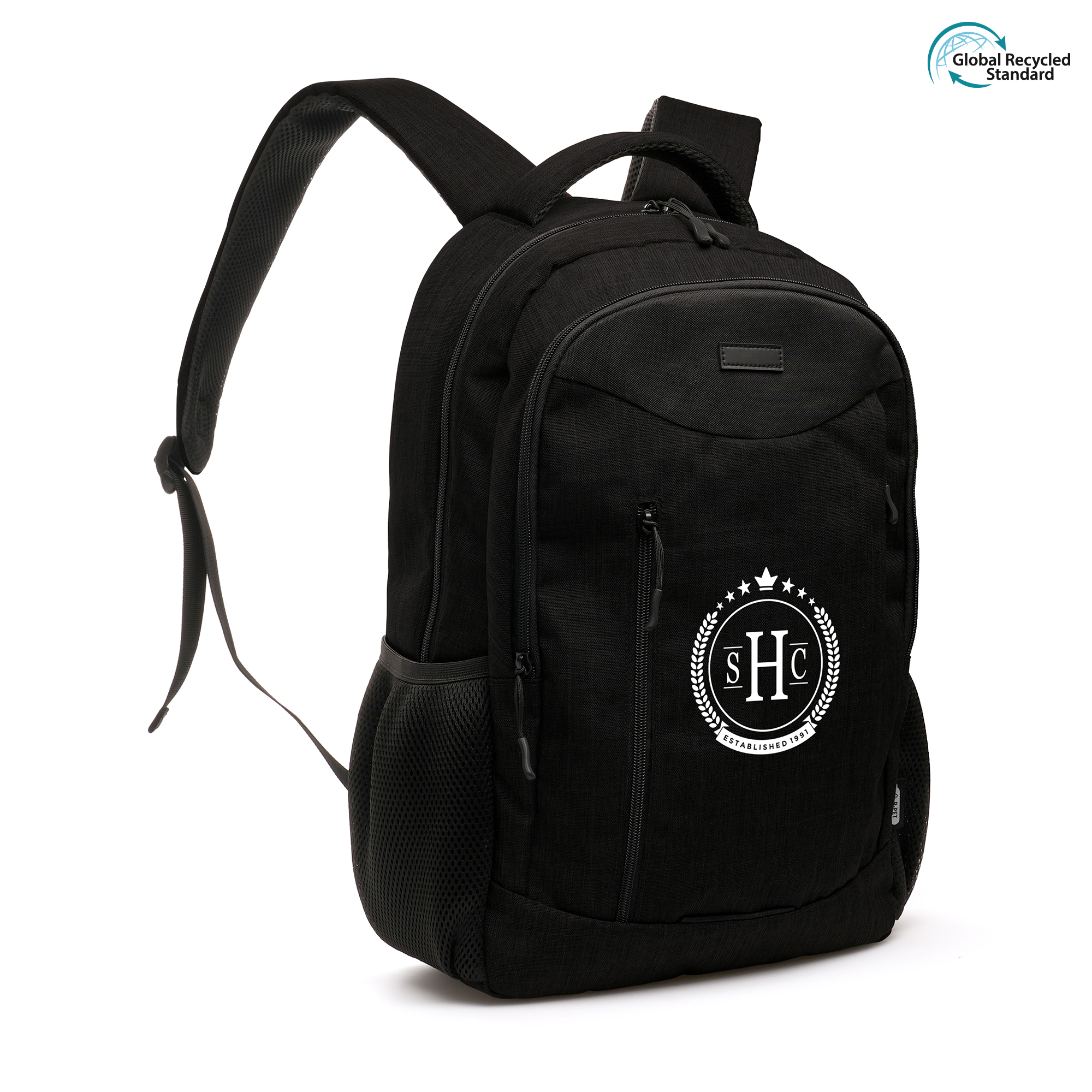 Crafted with RPET, featuring small zip compartment to front, two main compartments with padded laptop pocket and two side pockets. Padded adjustable shoulder straps and luggage strap for on the go convenience.