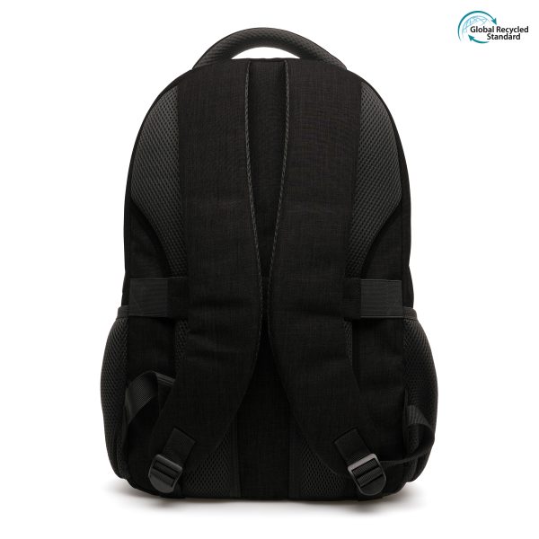 Crafted with RPET, featuring small zip compartment to front, two main compartments with padded laptop pocket and two side pockets. Padded adjustable shoulder straps and luggage strap for on the go convenience.