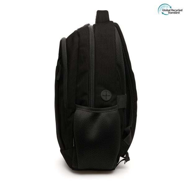Crafted with RPET, featuring small zip compartment to front, two main compartments with padded laptop pocket and two side pockets. Padded adjustable shoulder straps and luggage strap for on the go convenience.