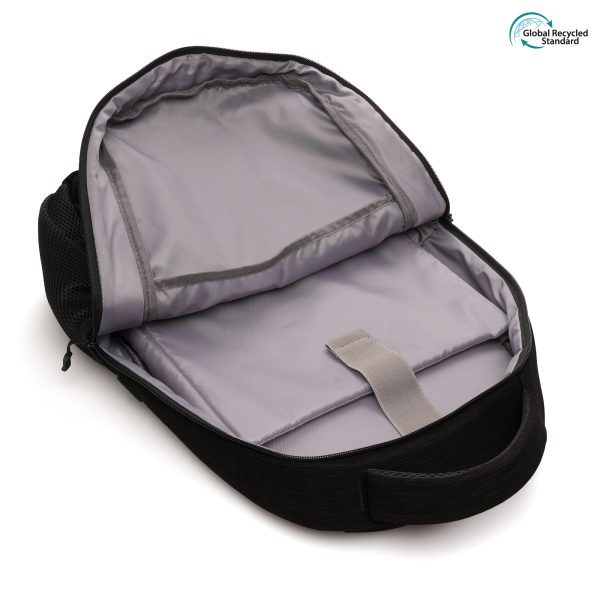 Crafted with RPET, featuring small zip compartment to front, two main compartments with padded laptop pocket and two side pockets. Padded adjustable shoulder straps and luggage strap for on the go convenience.