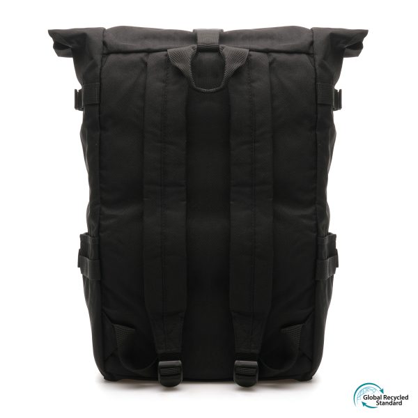 Crafted with durable RPET polyester, featuring gusset and inside pockets with multiple compartments including two outer pockets, an inner laptop pocket, and a zip pocket for small items. Comfortable RPET shoulder straps with PE foam padding and secure PP plastic buckles.