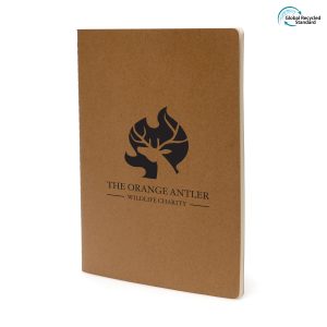 B6 100% recycled Kraft paper graphic notebook, with 40 recycled lined sheets inside and fully customisable cover.