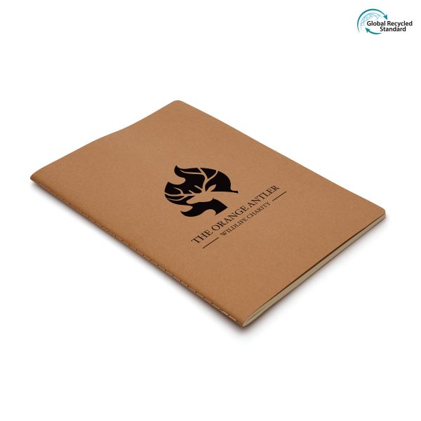 B6 100% recycled Kraft paper graphic notebook, with 40 recycled lined sheets inside and fully customisable cover.