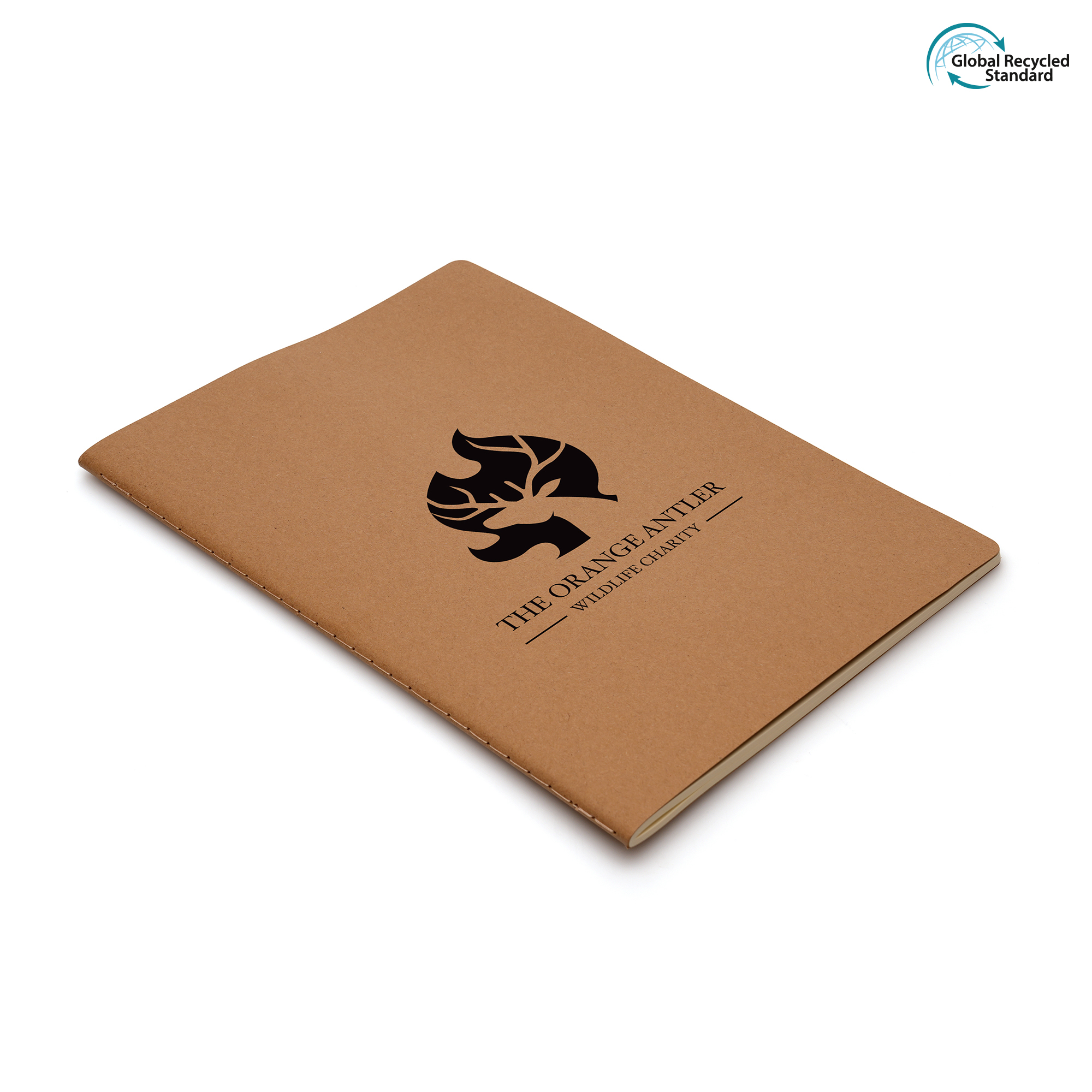 B6 100% recycled Kraft paper graphic notebook, with 40 recycled lined sheets inside and fully customisable cover.