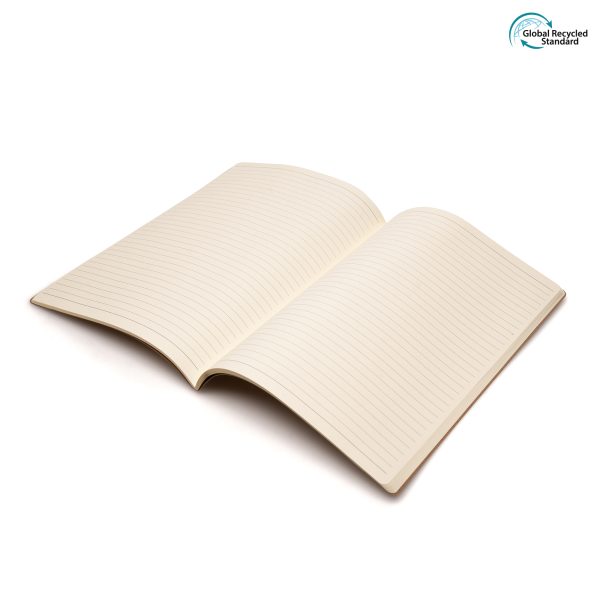 B6 100% recycled Kraft paper graphic notebook, with 40 recycled lined sheets inside and fully customisable cover.