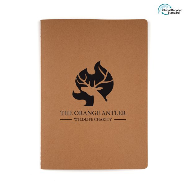 B6 100% recycled Kraft paper graphic notebook, with 40 recycled lined sheets inside and fully customisable cover.