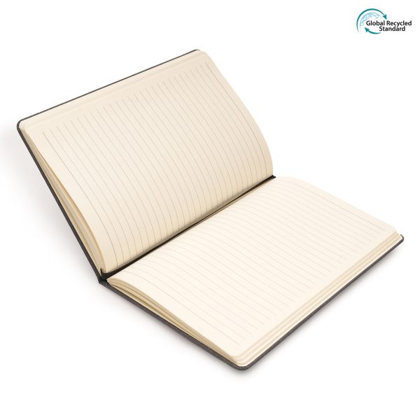 A5 bonded hardcover notebook with a 75% recycled leather cover, 96 FSC lined cream sheets, ribbon bookmark and black elastic closure.