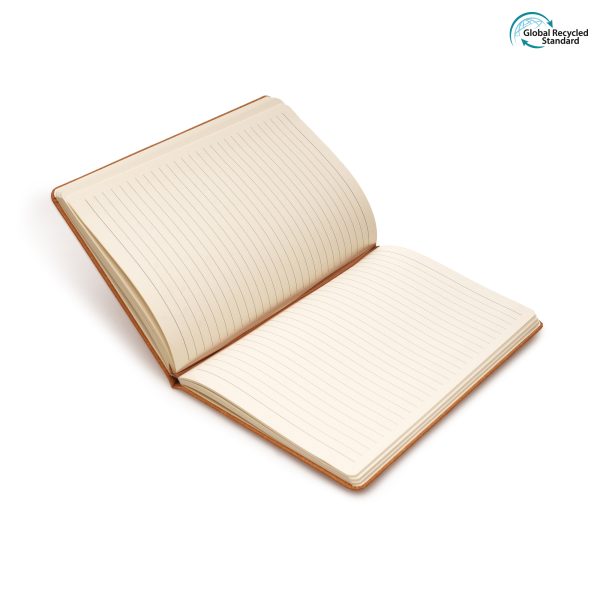 A5 bonded hardcover notebook with a 75% recycled leather cover, 96 FSC lined cream sheets, ribbon bookmark and black elastic closure.