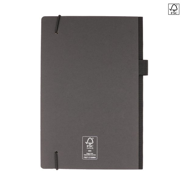 FSC card cover notebook with RPET polyester spine with 80 pages of lined FSC paper, elastic closure and pen loop.