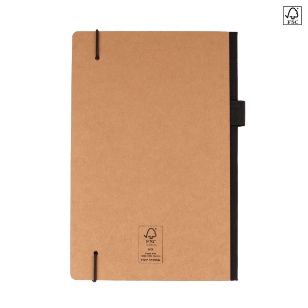 FSC card cover notebook with RPET polyester spine with 80 pages of lined FSC paper, elastic closure and pen loop.