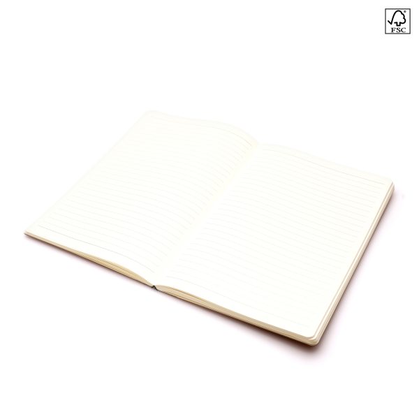 FSC card cover notebook with RPET polyester spine with 80 pages of lined FSC paper, elastic closure and pen loop.