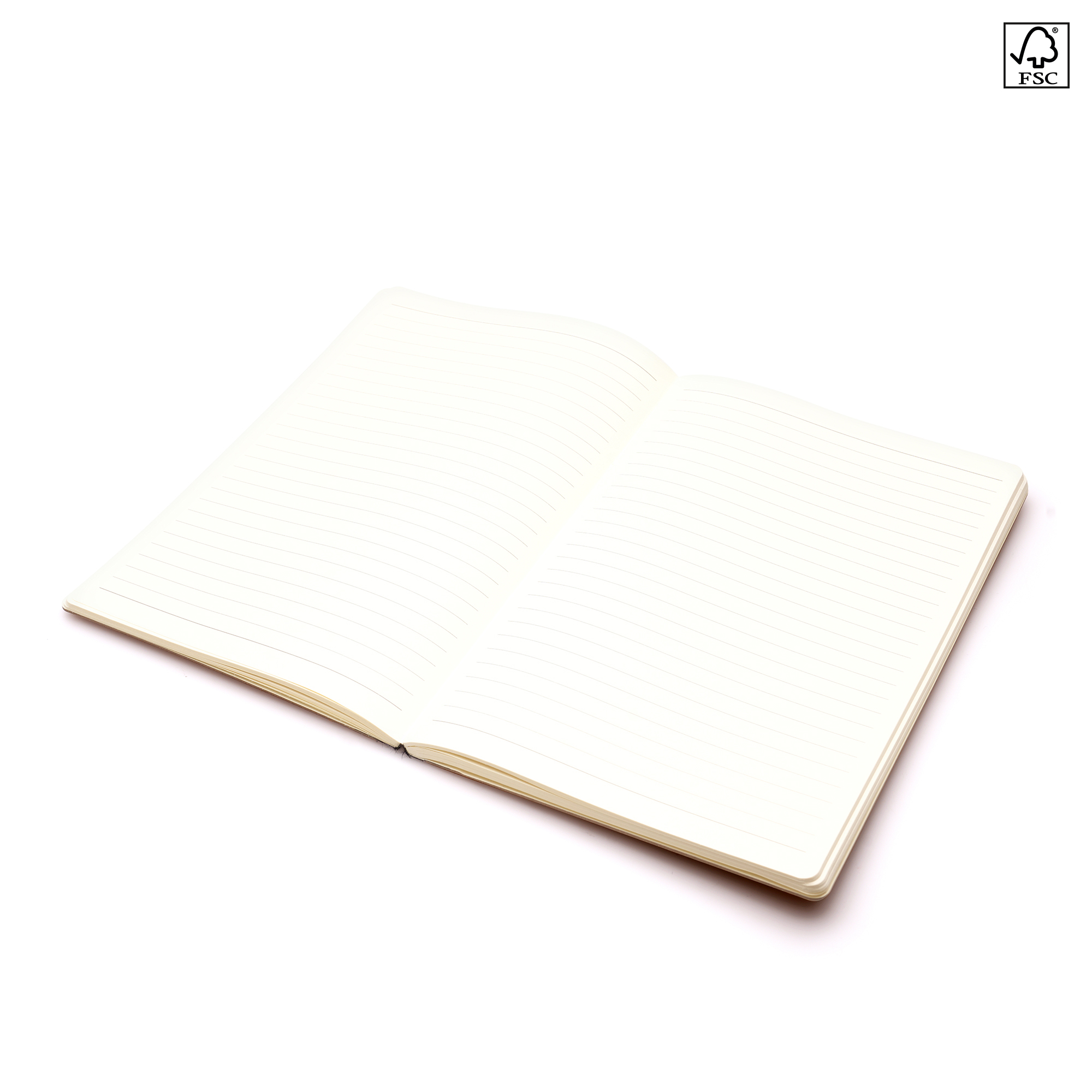 FSC card cover notebook with RPET polyester spine with 80 pages of lined FSC paper, elastic closure and pen loop.