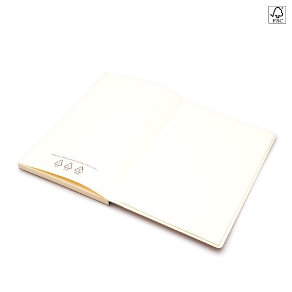 FSC card cover notebook with RPET polyester spine with 80 pages of lined FSC paper, elastic closure and pen loop.