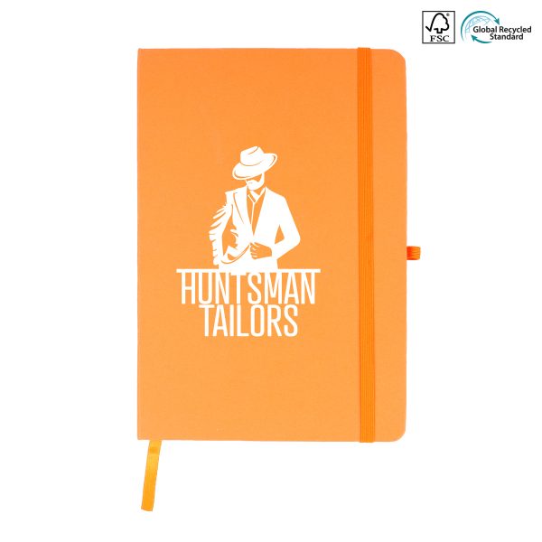 A5 recycled notebook with a coloured cover, 90 lined recycled sheets, coloured ribbon bookmark and coloured elastic closure.