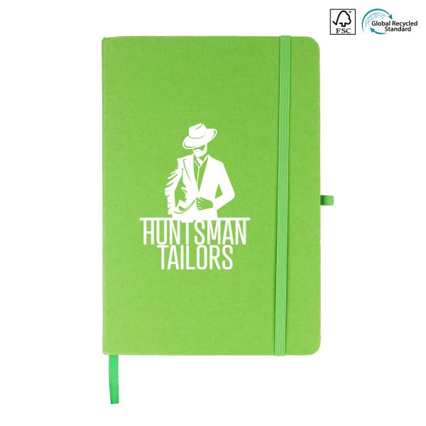 A5 recycled notebook with a coloured cover, 90 lined recycled sheets, coloured ribbon bookmark and coloured elastic closure.