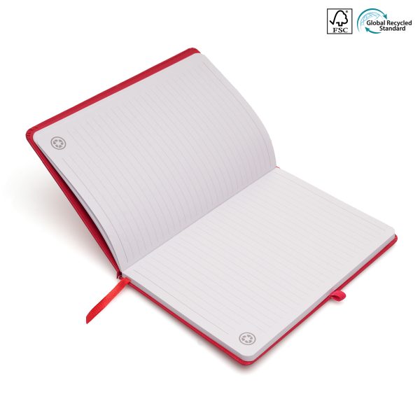A5 recycled notebook with a coloured cover, 90 lined recycled sheets, coloured ribbon bookmark and coloured elastic closure.