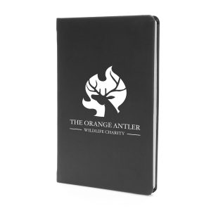 Eco-friendly A5 notebook with an apple skin hardcover, made from food industry waste. 128 lined FSC certified pages, featuring apple skin logo on the cover and eco credentials inside.
