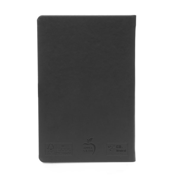 Eco-friendly A5 notebook with an apple skin hardcover, made from food industry waste. 128 lined FSC certified pages, featuring apple skin logo on the cover and eco credentials inside.