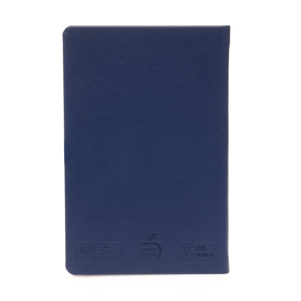 Eco-friendly A5 notebook with an apple skin hardcover, made from food industry waste. 128 lined FSC certified pages, featuring apple skin logo on the cover and eco credentials inside.