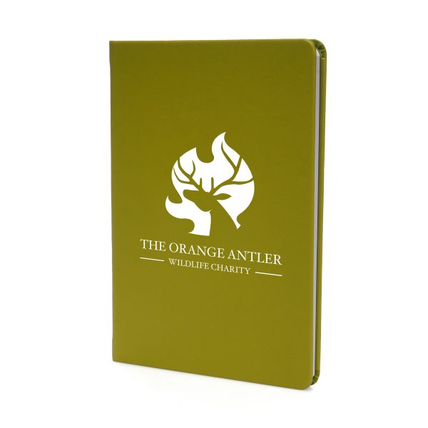Eco-friendly A5 notebook with an apple skin hardcover, made from food industry waste. 128 lined FSC certified pages, featuring apple skin logo on the cover and eco credentials inside.