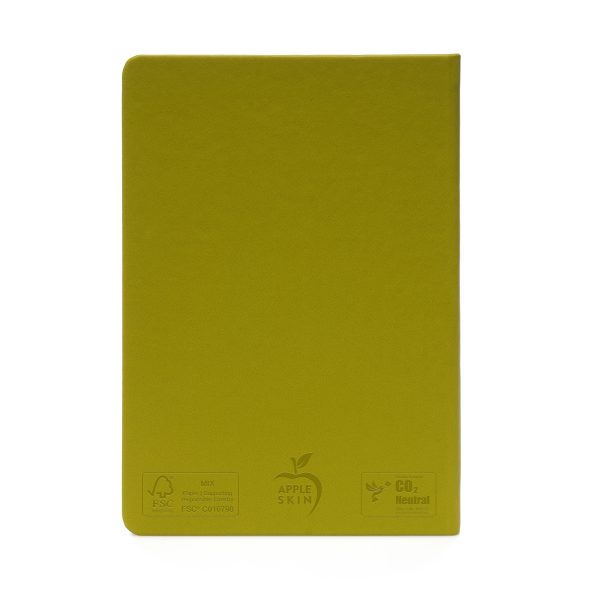 Eco-friendly A5 notebook with an apple skin hardcover, made from food industry waste. 128 lined FSC certified pages, featuring apple skin logo on the cover and eco credentials inside.