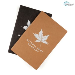 An eco-friendly notebook with Kraft paper and cardboard textured finished cover and 96 white lined recycled paper sheets. All materials are recycled or widely recyclable.