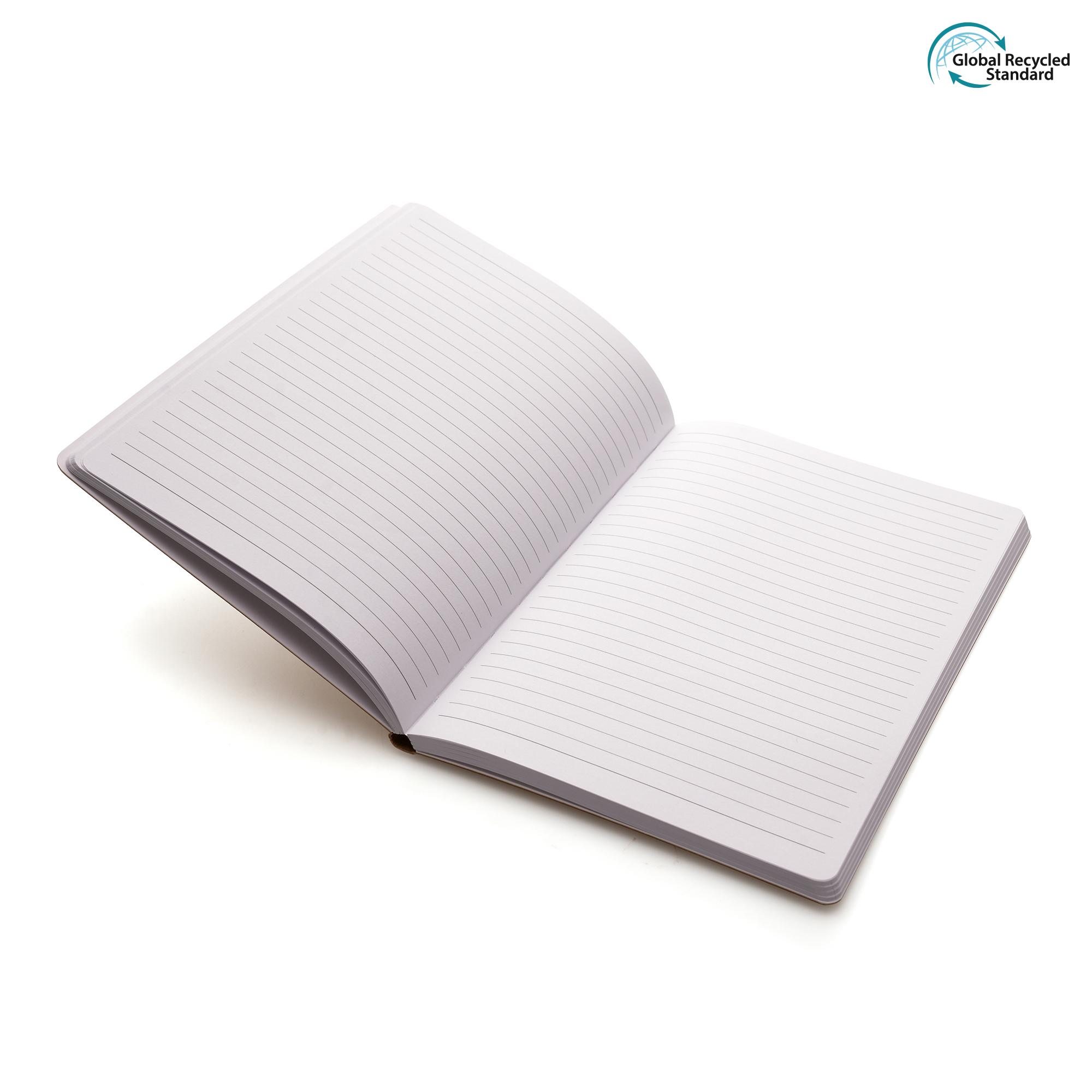 An eco-friendly notebook with Kraft paper and cardboard textured finished cover and 96 white lined recycled paper sheets. All materials are recycled or widely recyclable.