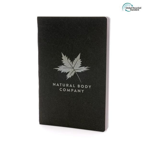 An eco-friendly notebook with Kraft paper and cardboard textured finished cover and 96 white lined recycled paper sheets. All materials are recycled or widely recyclable.