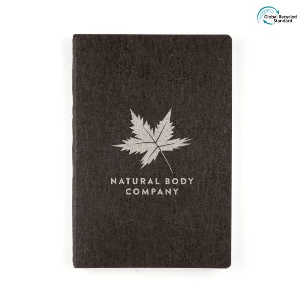 An eco-friendly notebook with Kraft paper and cardboard textured finished cover and 96 white lined recycled paper sheets. All materials are recycled or widely recyclable.