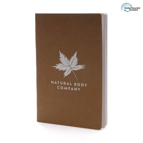 An eco-friendly notebook with Kraft paper and cardboard textured finished cover and 96 white lined recycled paper sheets. All materials are recycled or widely recyclable.