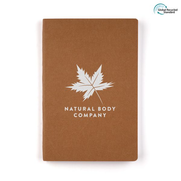 An eco-friendly notebook with Kraft paper and cardboard textured finished cover and 96 white lined recycled paper sheets. All materials are recycled or widely recyclable.