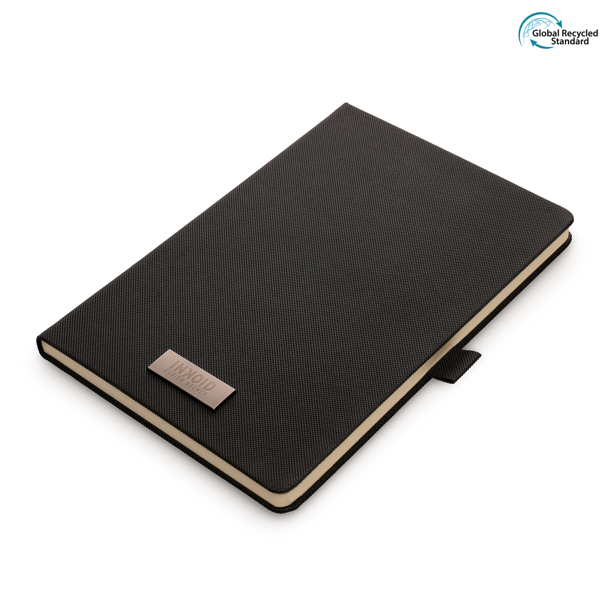 RPET wrapped notebook with PU cover made from recycled polyester and metal plate for engraving. Featuring 80 lined sheets of recycled cream paper, ribbon bookmark and pen loop.